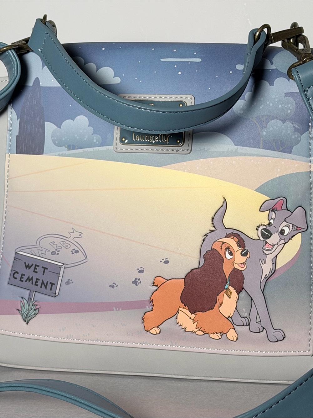 LOUNGEFLY DISNEY LADY AND THE TRAMP CROSSBODY PURSE HEARTS WET CEMENT PAW - Picture 7 of 11